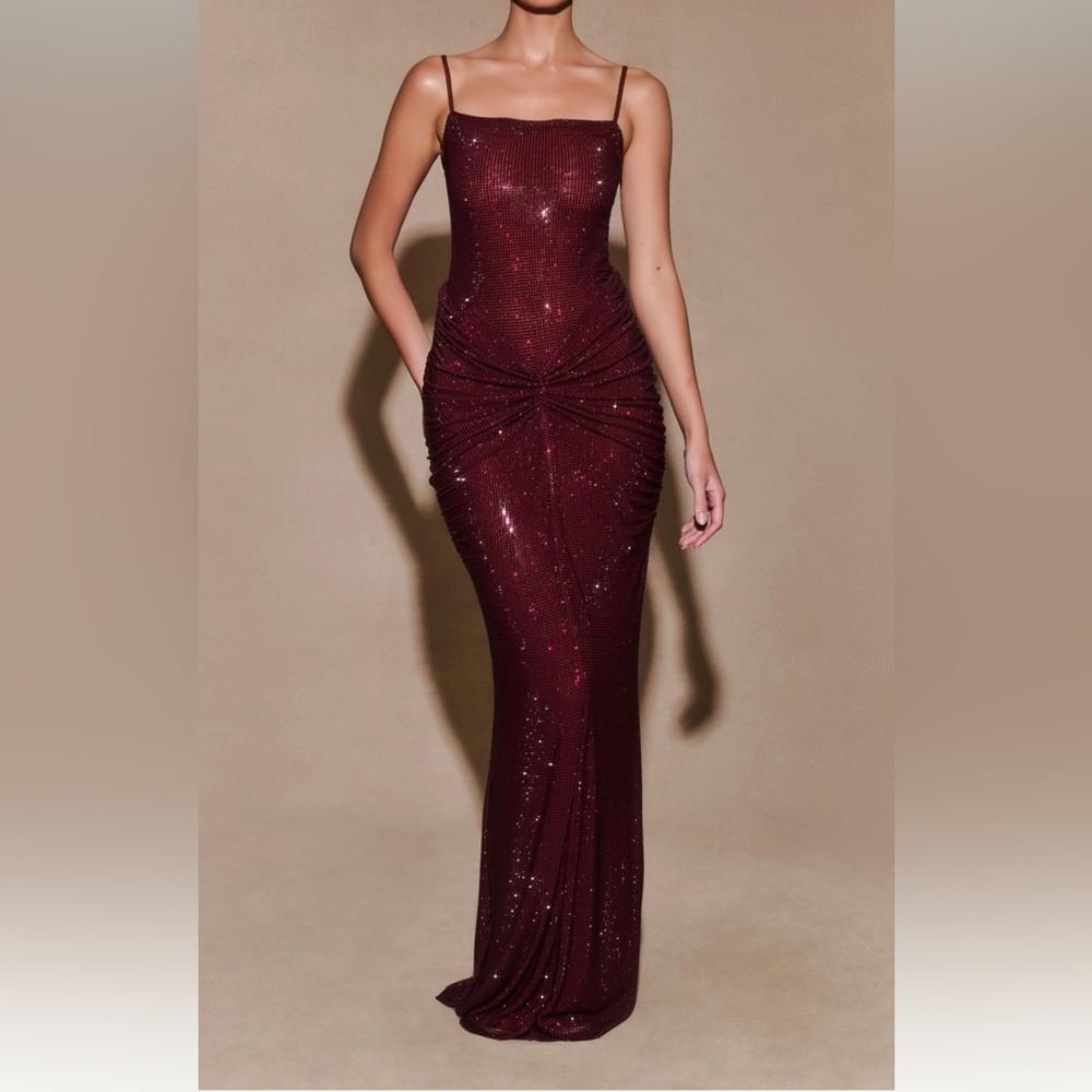 Meshki Burgundy Sparkle Ruched Maxi Dress